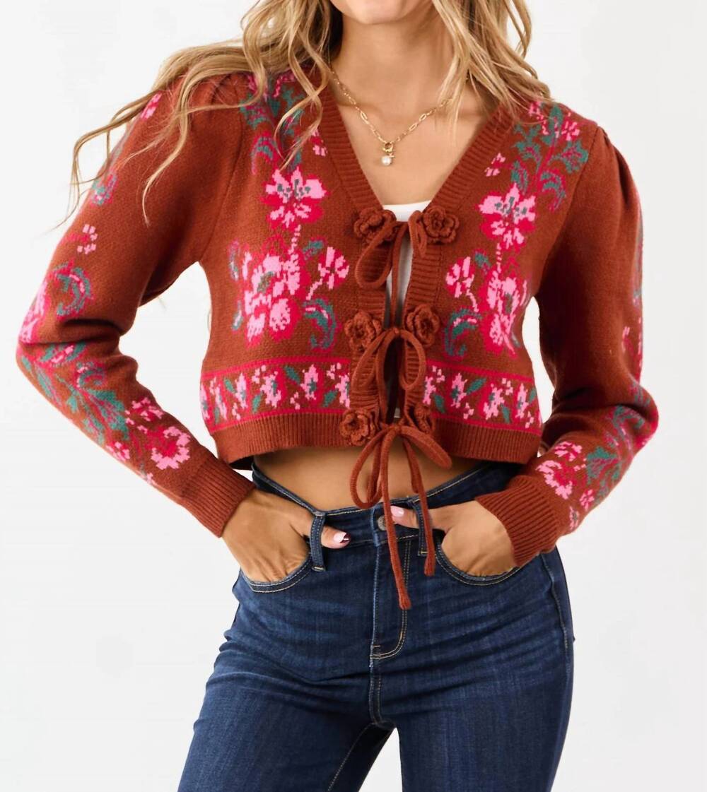 NEW &MERCI floral knit tie-front cropped sweater cardigan in spice